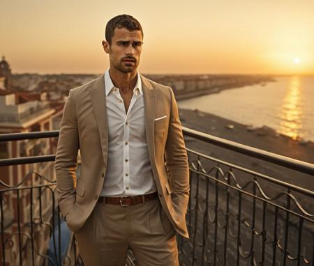 Nautical-themed (Photo:1.3) of (Ultrarealistic:1.3) <lora:Man_Men_FFashion:1> Gerard Piqu a man <lora:Theo-James_Gerard-Piqu:0.9> in a tan suit standing on a balcony, sun behind him, inspired by Pablo Munoz Gomez, shot at golden hour, editorial photograph, midshot of a hunky, by Roman Bezpalkiv, by Artur Tarnowski, maxim sukharev, by Gabor Szikszai,Highly Detailed,(Mono Color:1.3) . Sea, ocean, ships, maritime, beach, marine life, highly detailed