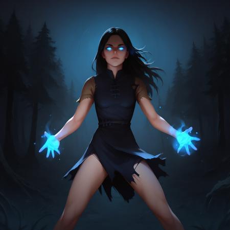 xwitchx, black hair, long hair, blue eyes dress, torn clothes barefoot glowing eyes magic