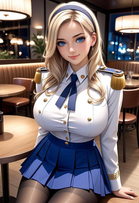 23yo celia _a, long hair, blonde hair, hairband, blue eyes, (white uniform, epaulettes, blue skirt, pleated skirt, pantyhose), sexy busty girl, alluring in a pub