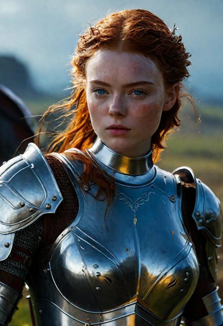 Beautiful Knightess in shiny iron armor, standing on a bloody and stormy battlefield in epic bloody battle, fighting pose, wavy red hair, nice dirty and serious face, fantasy, oily skin, full body, athletic figure, beautiful blue eyes, 8k, ultra realistic, hyper realistic, highly detailed, curves, beautiful perfect close-up pupils, daylight, fantasy style, high contrast, colorful polychromatic, Beautiful Sadie Sink as Knightess, beautiful firm Breasts, defiant and seductive, wet oily shiny skin, ultra detailed, (Intricately Designed dirty face: 1.3), Cinematic clorful lighting, realistic body and face, Photograph Taken on Nikon D750, Intricate, Elegant, Digital Illustration, Scenic, Hyper-Realistic, Unreal Engine, CryEngine, Octane Render, Artgerm, WLOP, Greg Rutkowski, 8k ultra high resolution concept art, hyper-defined, sharp focus, echoing, (hyperdetailed body and face: 1.3), Atrractive, Atrractive 21 years old woman, attractive bust girl, asymmetric balance