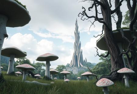 alien Forest, huge mushrooms, alien mushrooms, grass, big trees, tower in background, ivory tower, twisted tower, improbable tower, clouds in sky, puffy clouds, 
few red plants, few purple plants, pink sky, dark vines in trees, prehistoric flora