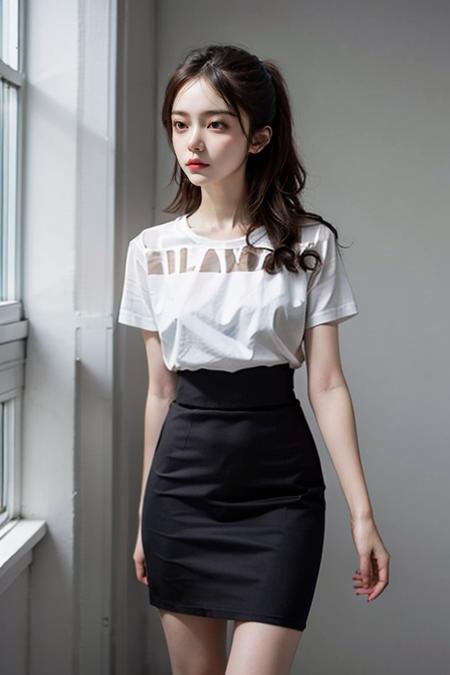 1girl,white t-shirt,office,ss pencil skirt,standing,
 <lora:ss pencil skirt:0.7>