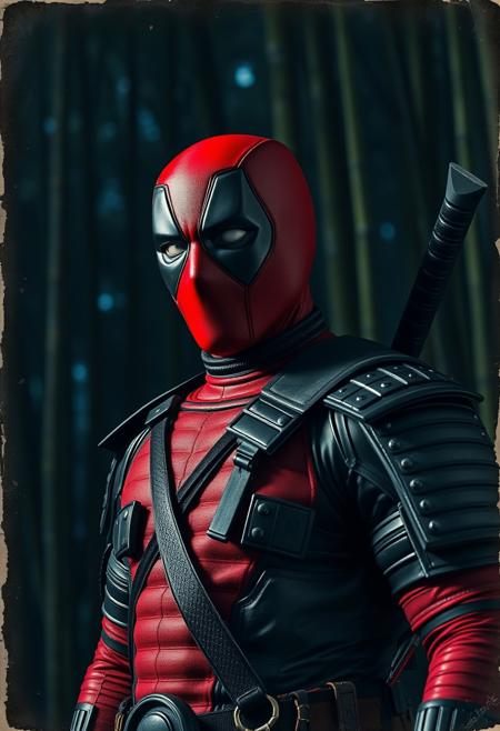 Deadpool, samurai armour, bamboo forest background, at night, old photography , grunge paper, National Geographic photography style, low saturation
