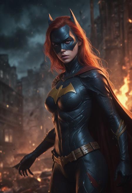 High resolution ultra-realistic of beautiful realistic  Batgirl is fighting a battle, cinematic style, standing on a bloody and stormy battlefield in a fighting pose, bloody massacre, realistic modern combat costume, black mask, red cape, perfect athletic figure, wavy red hair, handsome dirty bloody face, beautiful perfect detailed pupils, wet oily shiny skin, covered in dirt and blood, beautiful firm Breasts, defiant and seductive, sexy 20 year old girl, 8k resolution concept art portrait by Greg Rutkowski, Dark Gotham City, realistic blue eyes, full body, Artgerm, WLOP, Alphonse Mucha, dynamic lighting, hyperdetailed, intricately detailed, Splash art trending on Artstation triadic colors, Unreal Engine, 5 volumetric lighting, Cinematic Lighting, intricate, smooth, sharp focus digital painting, Asymmetrical Balance, painting, dynamic lighting