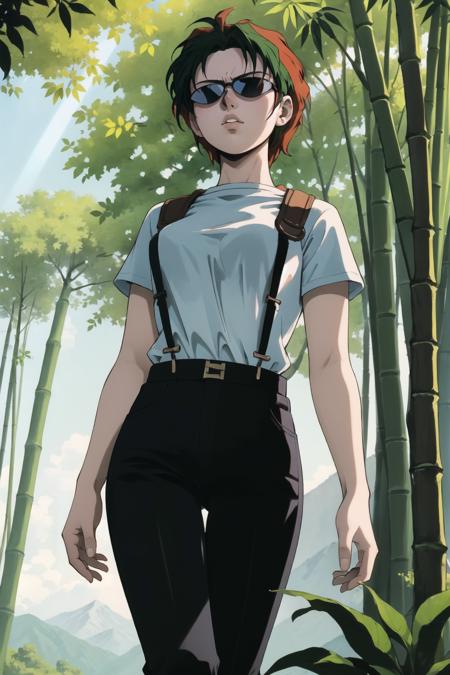 (masterpiece, best quality:1.2), <lora:natasha_radinov:.9>, natasha radinov, solo, 1girl, breasts, brown hair, multicolored hair, two-tone hair, green hair, night, pants, black pants, short hair, shirt, suspenders, short sleeves, white shirt, sunglasses,  bamboo, forest, bamboo forest, nature, looking at viewer, outdoors, sunlight, blurry, leaf, tree, light rays, depth of field, looking to the side,