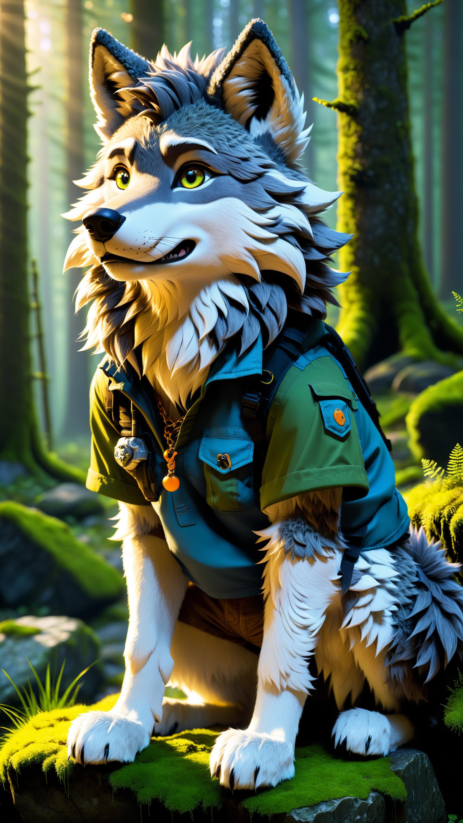 A cartoon wolf wearing a backpack and a bandana.