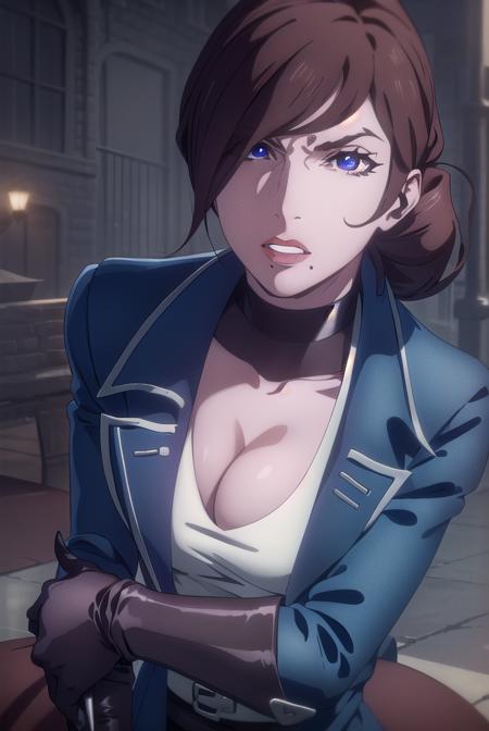 castlevaniajulia, brown hair, (purple eyes:1.1), short hair, hair bun, mole, makeup, single hair bun, lipstick, mole under mouth, red lipstick, shirt, gloves, cleavage, collarbone, jacket, white shirt, choker, black gloves, belt, pants, blue jacket, brown pants,