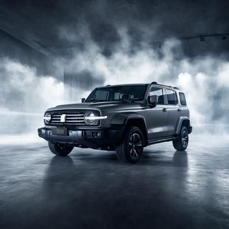 gwm txxx 300, a professional closeup photo, complete car, dark studio background, spot lights, rim light, windows casting light, foggy, reflective concrete floor, 8k, uhd, sublime, breathtaking , specular highlights