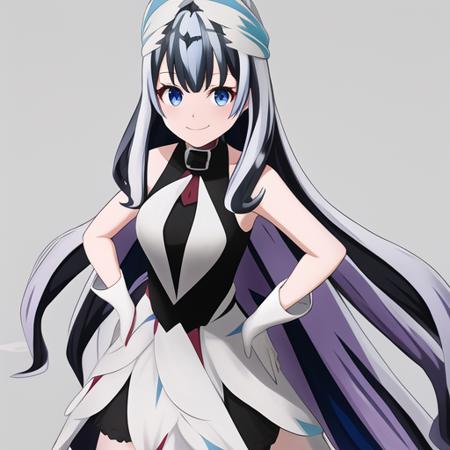 Veyle_Engage, 1girl, solo, looking at viewer, blue eyes, blue hair, smile, closed mouth, hands on hips, beanie, hairclip, sleeveless shirt, skirt, kneehighs, scarf