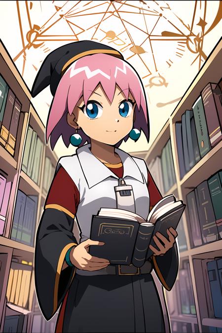 masterpiece, 1girl, beauty \(bobobo-bo bo-bobo\), short hair, pink hair, pentagram earrings, wizard hat, wizard robes, holding book, magic book, magic circle, library, fantasy