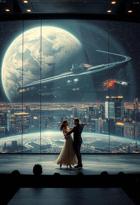 immaculately detailed realistic ultra quality image of a beautiful elegant female dancer and male counterpart are dancing on a futuristic stage micro-LED lighted, the dancer is the focus of the image, every detail of her dress and body are fully visible, the height of the image, behind the dancer on the stage is an enormous seamless and futuristic wall to wall and floor to ceiling window that looks out at a the planet's surface covered with the lights of enormous buildings and cities, An enormous deco starship with futuristic lighting and an enormous space station are visible in the background among the stars, Artistic art deco, dynamic perspective, (((overall architectural aesthetic is Art Deco Cyberpunk))).  Epic image that elicits a feeling of romanticism, wonder, and awe, the silhouette of the audience can be seen in the foreground that show the enormous scale of the stage and seamless window behind it,