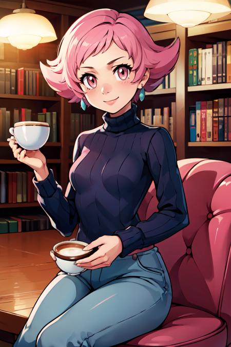 maylene (pokemon), pink eyes, pink hair, short hair,   maylene (pokemon), pink eyes, pink hair, short hair,  fingerless gloves, blue shirt, sleeveless shirt, white pants