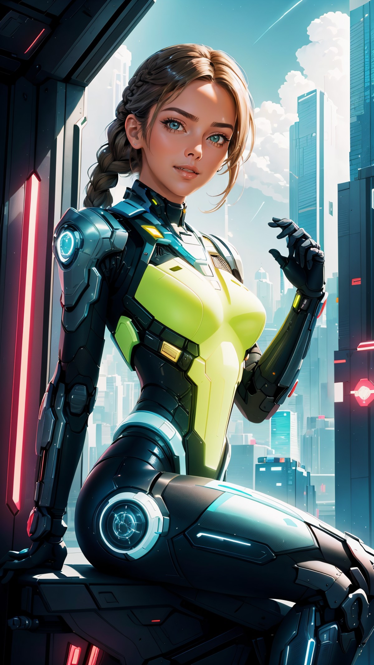 1girl, science fiction, power armor, cyberpunk, breastplate, skyscraper,  braid, floating hair, smile, dramatic lighting, ...