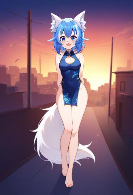 <lora:Wolfychu:0.7>, Wolfychu, blue eyes, (((blue hair))) (masterpiece, best quality, high quality, highres, ultra-detailed), animal ears, (bangs), animal ear fluff, wolf girl, (((white wolf tail))), (white wolf ears), highly detailed, ((medium breast)), HD, furry, short hair, blue shoulder length hair, average build, ((Wolfychu)), fang, virtual youtuber, (((1 girl, solo, 1girl))), 
score_9, score_8_up, score_7_up, score_6_up, score_5_up, score_4_up, BREAK, (Chinese long Cheongsam with dark blue flora pattern), sidelight, sunset light, warm light, city street, sexy, choker, full body,