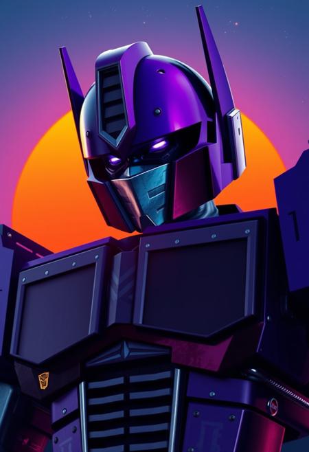 Purple and black Optimus Prime cowboy shot cinematic photograph with an orange and blue synthwave sun background. Slightly turned.