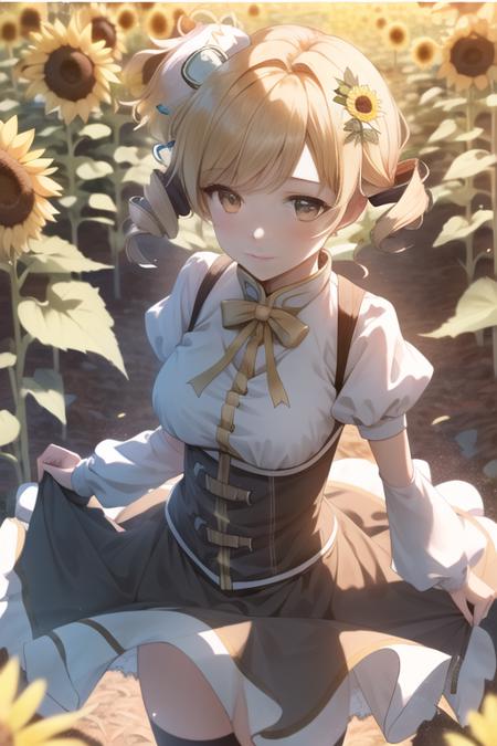 1girl, cowboy shot, from_above, solo, Mami Tomoe, (detailed reflective anime style eyes), sunflowers, golden hour, detailed textures, walking in a \(field of sunflowers outdoors\), posing, casual pose, aesthetic, intricate, caustics, light rays, sunlight, sparkle, shimmer, glitter, sharp focus, <lora:MamiTomoe:1>