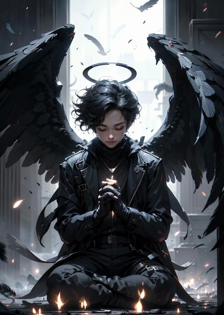 BJ_Daemon,solo,smile,short_hair,shirt,black_hair,gloves,long_sleeves,1boy,sitting,closed_mouth,jacket,closed_eyes,male_focus,wings,black_gloves,pants,indoors,black_footwear,black_jacket,halo,black_pants,own_hands_together,feathers,feathered_wings,facing_viewer,black_wings,angel_wings,angel,candle,praying,black_feathers,
cinematic lighting,strong contrast,high level of detail,Best quality,masterpiece,White background,<lora:Daemon-000018:0.7>,