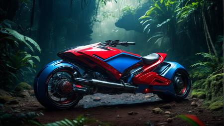 red and blue science fiction hovering industrial motorcycle in a lush jungle, science fiction, cinematic lighting, night time, volumetric light, imax, dslr, highly detailed, volumetric fog, dystopian vibes, dutch angle, cinematic angle