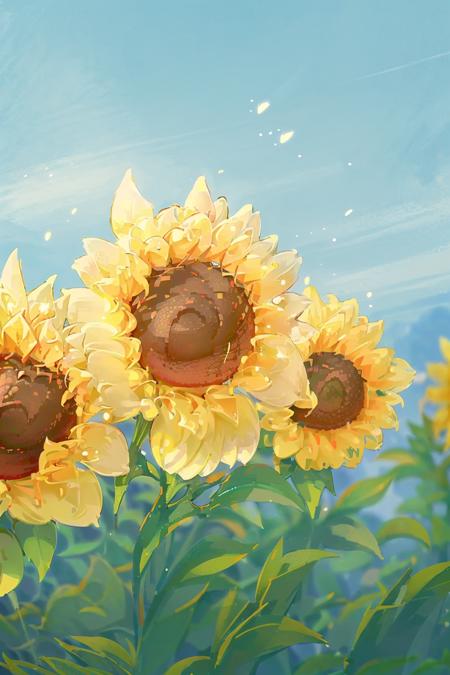 flower, holding flower, sunflower, outdoors, holding, sky, yellow flower, day, blue sky, leaf, out of frame, male focus, orange flower, plant, still life (illustration:1.0), masterpiece, best quality    <lora:floweras_20231016212448:0.8>