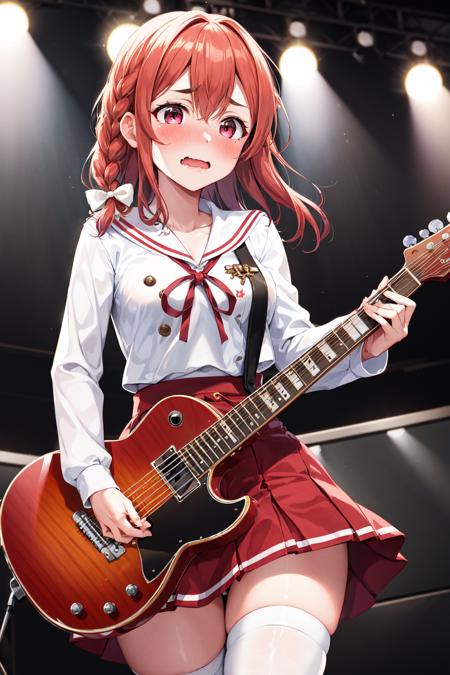 masterpiece, best quality, highres, aasumi, long hair, single braid, hair bow, serafuku, sailor collar, neck ribbon, red ribbon, white shirt, long sleeves, red skirt, pleated skirt, white thighhighs, <lora:sakurasawa_sumi_v1:0.7>, wavy mouth, guitar, embarrassed, stage, standing, (blush:1.2), holding instrument,