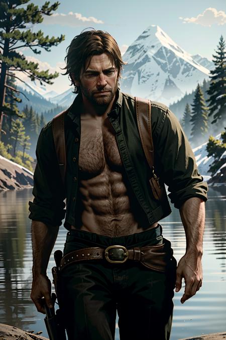 ((ultra detailed, masterpiece, best quality))
<lora:RDR2Arthur:0.8>
RDR2Arthur, 1boy, solo, cowboy shot, lake, trees, topless