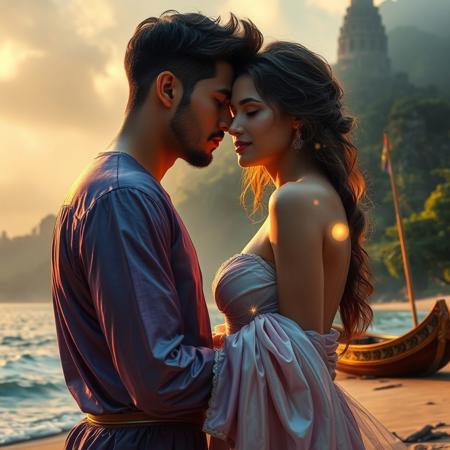 Close-up, a man whispering to a woman on a beach, ancient ruins in the background, lush jungle foliage, mist, a small ornate rowboat on the shore, the woman in a flowing iridescent gown, blushing, the man with a look of admiration and desire, magical glowing particles swirling around them, focus on the woman's expression, hyperrealistic, 8k, artstation, trending on artstation.