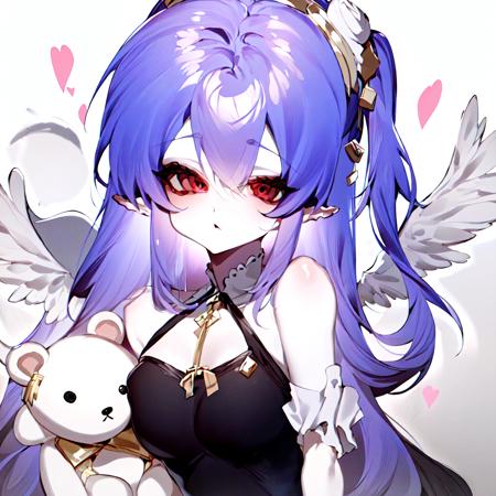 a anime girl with long purple hair and a white top with angel wings on her head and a white teddy bear <lora:shuishao:1.1><closes to face>