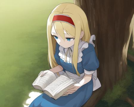 <lora:Yamamoto:1.2>
Alice sitting under a tree reading ,forehead,  long blonde hair, blue eyes, wearing (blue dress, white apron, red hairband)