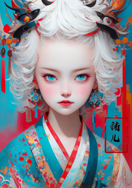 32K, Surreal, best quality, masterpiece, highres, original, extremely detailed wallpaper,
perfect lighting, UHD, white hair,Zhang Jingna,in the style of aggressive digital illustration, bold and colorful portraits, lit kid, Picasso,Hikari Shimoda(full body:1.2), (East Asian architecture:1.3)
(Blue road robe1.3)
<lora:~Q?-YG^{Zwith horns:0.8>