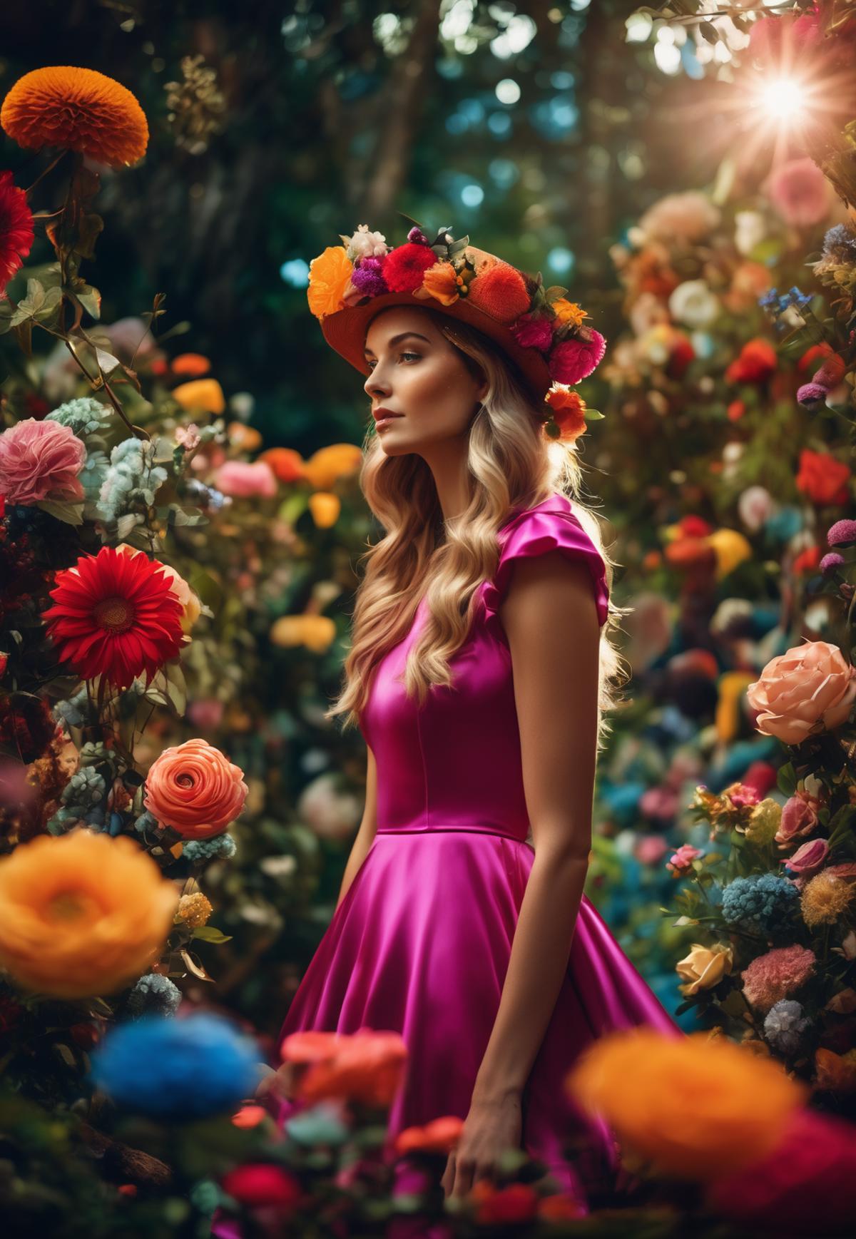 A woman wearing a pink dress and a flower crown, surrounded by colorful flowers.