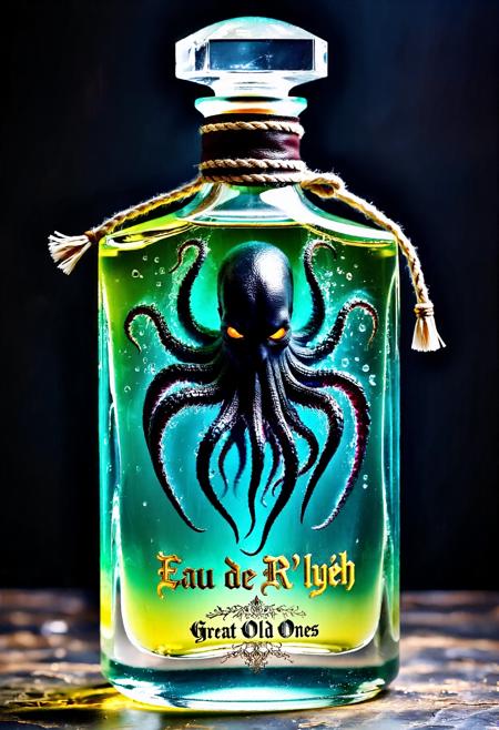A professional photo of a luxury bottle of cologne for men, dark background, sleek composition, and while the cologne is transparent and slightly yellow and green, the bottle is made of transparent glowing luminious crystal. Inside the bottle is a lovecraftian diety cthulu swimming around, highly detailed with multiple appendages. Camera angle: eye level. epic composition,8K,UHD,photorealistic,high detail,highly detailed, aaa graphics,sharp,1qqq,cthulu inside the bottle,cthulhu,lovecraftian entity,lum1, crystal bottle,spectral glow,