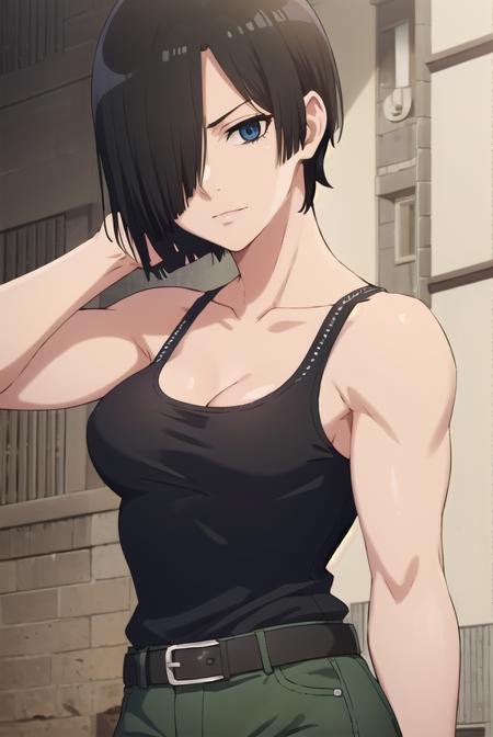 nk cell, short hair, black hair, (hair over one eye:1.5), (black eyes:1.5), shorts, belt, tank top, green shorts, collarbone, cleavage, bare shoulders, bare arms,