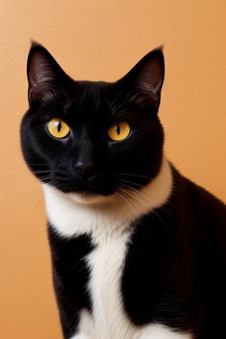 A close-up minimalist illustration of a black cat with striking yellow-orange eyes peeking from behind an orange wall. The artwork features smooth, clean lines and a subtle texture, emphasizing the cat's playful expression. The creamy beige background complements the orange accent, creating a harmonious and modern aesthetic.