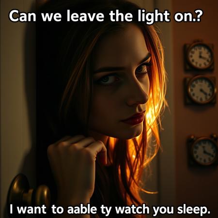 a woman with a caption saying can we leave the light on tonight? i want to be able to watch you sleep, pinterest style, creeper, intense lens flare, trollface, pure evil, hand on the doorknob, weasel, clocks, photo of the girl, insane face, patent, attention, the average redditor