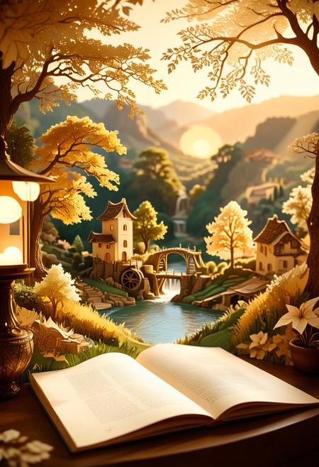 This is a photograph of an artistic scene crafted solely from paper, depicting a serene landscape from ancient times featuring an old watermill with its picturesque water wheel and a few surrounding houses. The entire scene is bathed in soft, warm hues of cream and beige, with subtle golden accents along the edges of the book adding a touch of elegance. The ambient lighting casts shadows that give character to the scene. Through the intricate cut-outs of the trees, a cozy and warm room can be perceived in the blurred background, filled with many bedside lamps, creating a warm ambiance with soft, golden lighting. The work, made entirely of paper, features detailed cut-outs that create a striking contrast with the blurred background, drawing the viewer into this enchanting, fairy tale-like landscape.