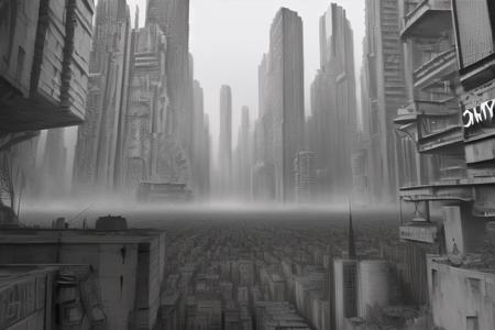 a cyberpunk dystopian city,grayscale,monochrome,art by llbreton, <lora:15LLBreton2:0.5>