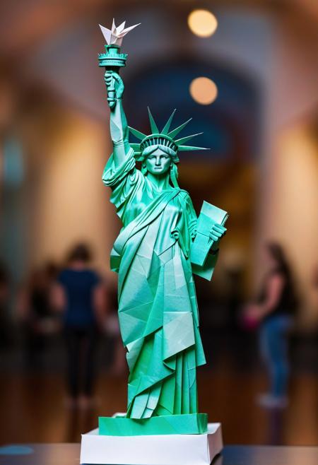 a picture of an origami of the statue of liberty made from a single sheet of paper, the piece is displayed in a museum with many viewers in the background, bokeh