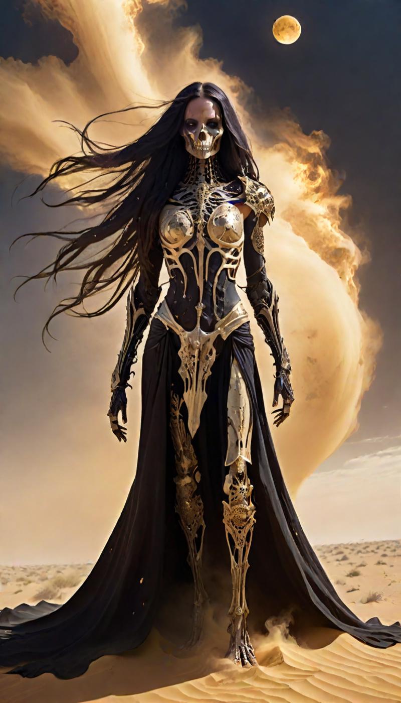 Fantasy Art of a Dark-Haired Woman in Armor and Chainmail Dress Standing in Front of a Sun.