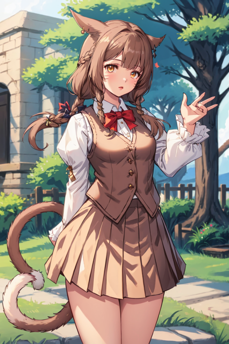 FemmeMiq, 1girl, solo, long hair, looking at viewer, bangs, skirt, brown hair, shirt, long sleeves, bow, animal ears, brown eyes, jewelry, standing, tail, white shirt, braid, hair bow, cowboy shot, pleated skirt, earrings, outdoors, cat ears, hand up, blurry, vest, twin braids, lips, cat tail, blurry background, facial mark, cat girl, brown skirt, miqo'te, <lora:FemMiqote:0.8>