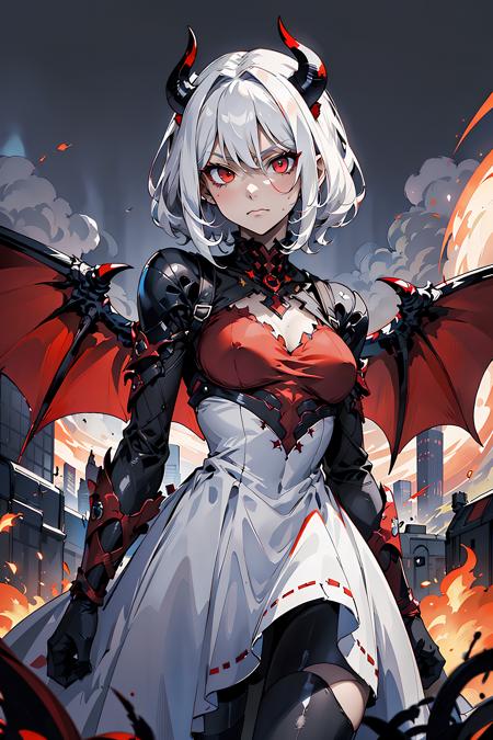 (looking at viewer:1.2), mist, misty atmosphere, (perfect eyes),
1girl, white hair, (red eyes), standing, blood on hands, gothic dress, (expressionless:1.2), (disdain:1.3), (demon wings:1.2),
city, fire, burning city, city on fire, chaos, destruction, entropy, discord, (dark sky, grey sky, fiery sky, blood moon),
the villain wanders through the sundered city. Corpses strewn about, and people running for their lives.