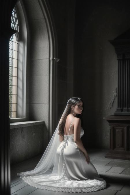 Photo•raw•8k uhd•dslr•high quality•ultra-realistic•realistic•realism•film grain overlay•Fujifilm XT3.
View from side, dark gothic-style•candle-lit room•ancient stone altar.
1woman•wearing a (white satin gown dress)•(voluptuous)-body•kneeling.