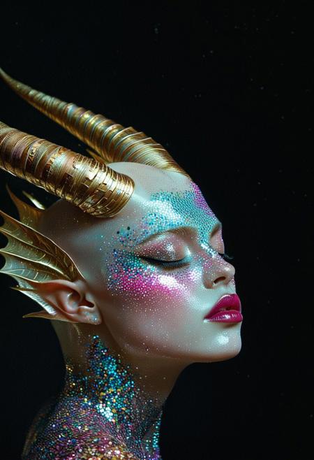 This is a hyper-realistic digital artwork featuring a striking, androgynous figure with an otherworldly appearance. The subject has a bald head with a smooth, polished surface, covered in glittering, iridescent particles that reflect an array of colors including blue, pink, and gold, creating a mesmerizing, shimmering effect. The face is painted with elaborate makeup: bold, winged eyeliner, shimmering eyeshadow in hues of gold and pink, and a deep red lipstick. The person's eyes are closed, and their expression is serene and contemplative. Two prominent, spiraled horns protrude from the top of the head, adding to the fantastical, mythical appearance.
The background is a dark, almost black gradient that contrasts sharply with the radiant, sparkling figure, making the subject stand out vividly. The skin appears to be a pale, almost translucent white, enhancing the ethereal quality of the artwork. The overall style combines elements of surrealism, fantasy, and hyperrealism, creating a surreal, dreamlike atmosphere. The texture of the glitter and the smooth, shiny skin surface are rendered with exceptional detail, emphasizing the high-quality, photorealistic nature of the digital artwork.