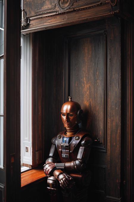 photo of [25 yo Anna:robot:10], [fine art | street], (highly detailed face), (private club, wood furniture), (sitting in the entryway), (dark and moody light:1.4), disappointed <lora:epiNoiseoffset_v2:1>
