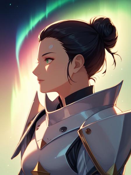 senyatirall, zakuul_knight_armor, facial_marking_above_eyes, older woman, black hair, hair bun, white armor