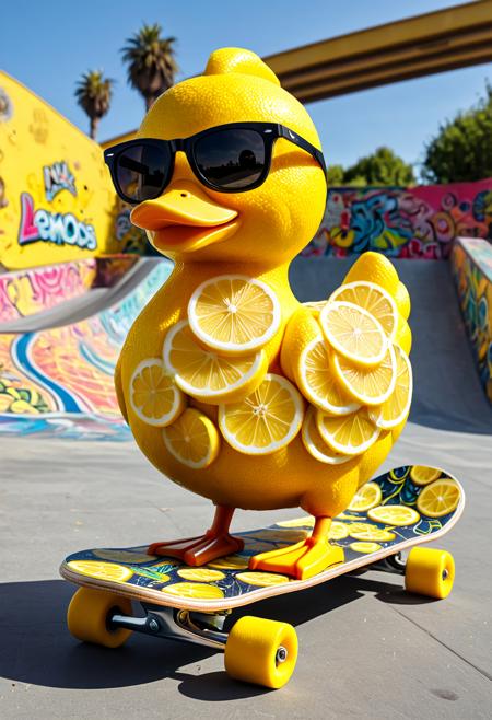(masterpiece), (best quality), ultra detailed, whimsical lemon duck made of lemon slices and peel, bright yellow citrus texture, wearing stylish sunglasses, standing confidently on a skateboard, playful expression, colorful urban skate park background with ramps and graffiti, lively atmosphere, no flowers, wl_lemons