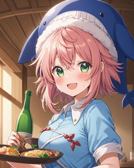 okunoda miyoi,1girl, solo, short_sleeves, bottle, sweat, indoors, upper_body, holding_tray, blush, bowl, blue_shirt, open_mouth, chopsticks, hat, blue_headwear, smile, cup
<lora:okunoda_miyoi_image445_2023-12-20-000010:1>,star-shaped_pupils,symbol-shaped_pupils,. gorgeous,key visual, vibrant, studio anime,award-winning, professional, highly detailed,high budget, cinemascope