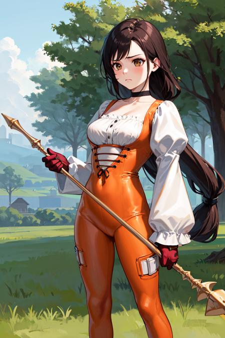 masterpiece, best quality, highres, 1girl, aagarnet, (low-tied long hair:1.2), brown eyes, choker, orange bodysuit, puffy sleeves, long sleeves, gloves, <lora:garnet_til_alexandros_xvii_v1:0.7>, filed, frown, holding, staff, holding staff, standing, cowboy shot, grass