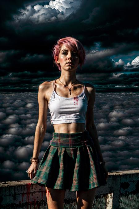 detailed, high quality, 1woman, mature, short pink hair, [bleeding], white camisole, blue plaid skirt, city, post-apoc, (fog), (dark clouds) <lora:blood:-0.2> <lora:hairdetailer:0.7> <lora:ApocalypseEngine2:0.4> <lora:DetailTweakerLora:0.1>