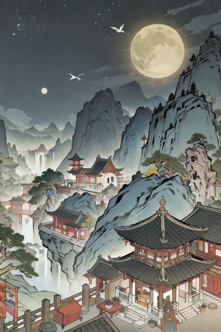 gufeng,scenery,tree,architecture,east asian architecture,no humans,outdoors,moon,night,pagoda,bird,mountain,sky,<lora:gufeng-000012_1:0.8>,<lora:å°äººä¹¦Â·è¿ç¯ç»  xiaorenshu_v2.0:0.35>,