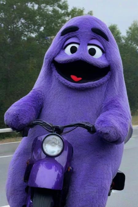 <lora:PE_Grimace:0.8> Grimace,
riding a motorcycle,